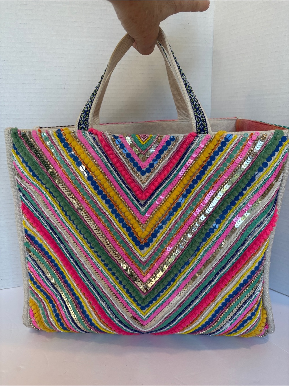 America & Beyone Boho Sequin Stripe Tote Bag - Multi Color